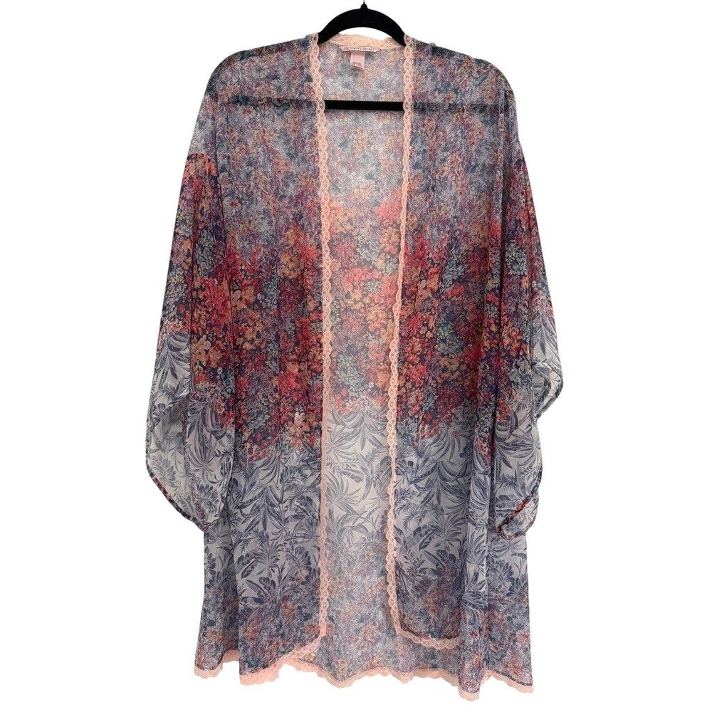 Victoria's Secret Sz M-L Blue Salmon Floral Sheer Lace Trimmed Open Kimono Robe